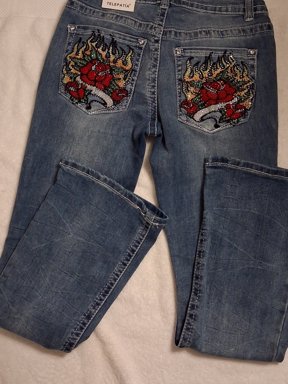 ​NWT Telepatía Low Rise Bootcut Flaming Rose Rhinestone Jeans Size 9/29